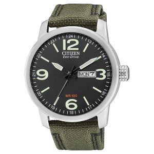 Citizen-ECO-DRIVE-Herrenuhr-BM8470-11EE-leichte-Analoguhr-mit-grünem-Textilarmband