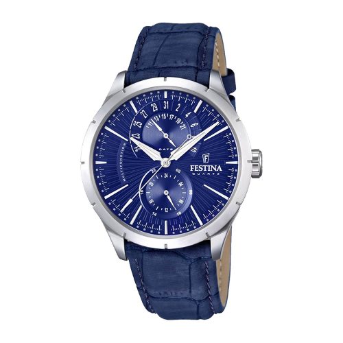 Festina-Herrenuhr-F16573-7-blaue-Armbanduhr-mit-Datumskomplikation-Mineralglas-blaues-Lederarmband